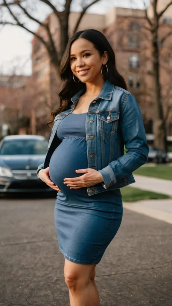 A fitted denim dress paired with a classic denim jacket creates an effortlessly stylish look for spring. The stretchy fabric keeps things comfortable while the jacket adds structure and warmth. Perfect for a casual day out or an easy go-to outfit.