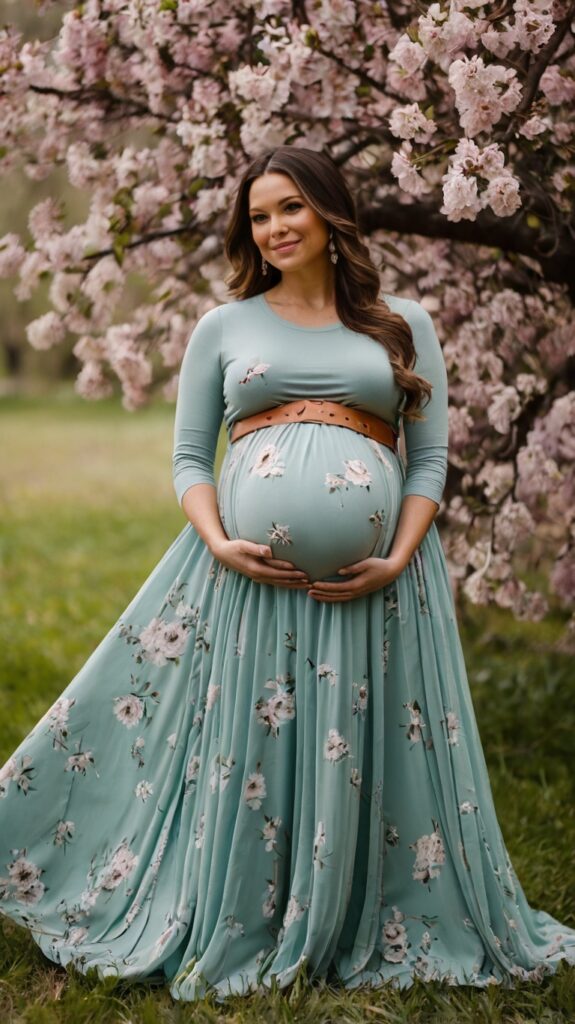 A floral maxi dress is a timeless choice for spring. The flowy fabric drapes beautifully over the bump, while the fitted top and belt help define the waist. Perfect for maternity photoshoots, baby showers, or just enjoying a warm spring day.