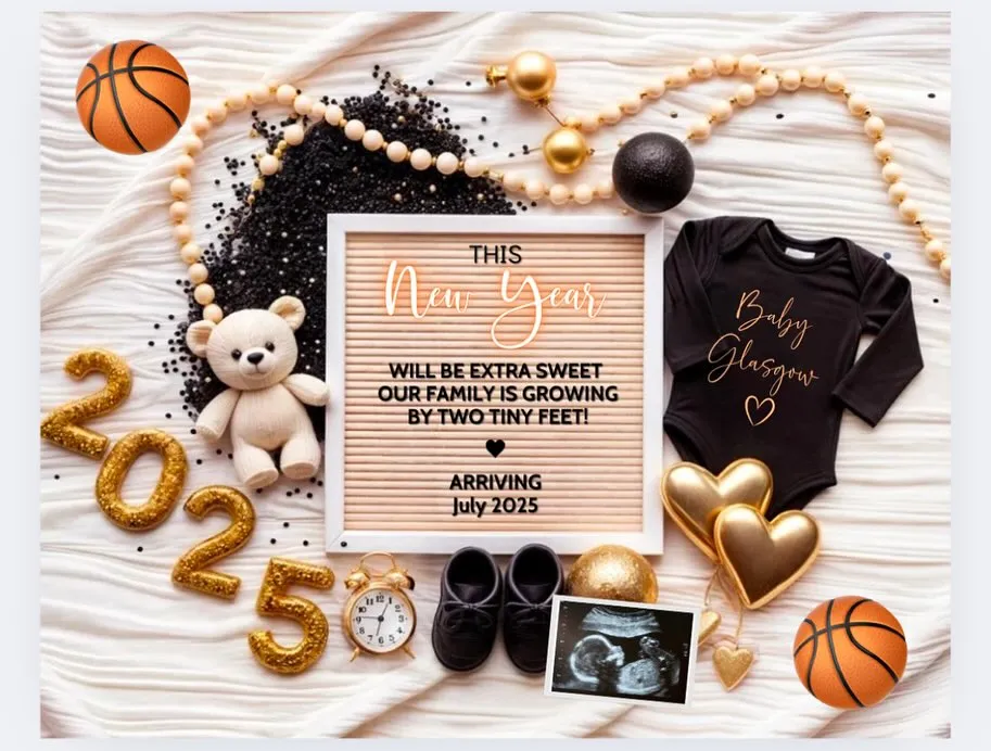 a baby announcement with toys and a letter board