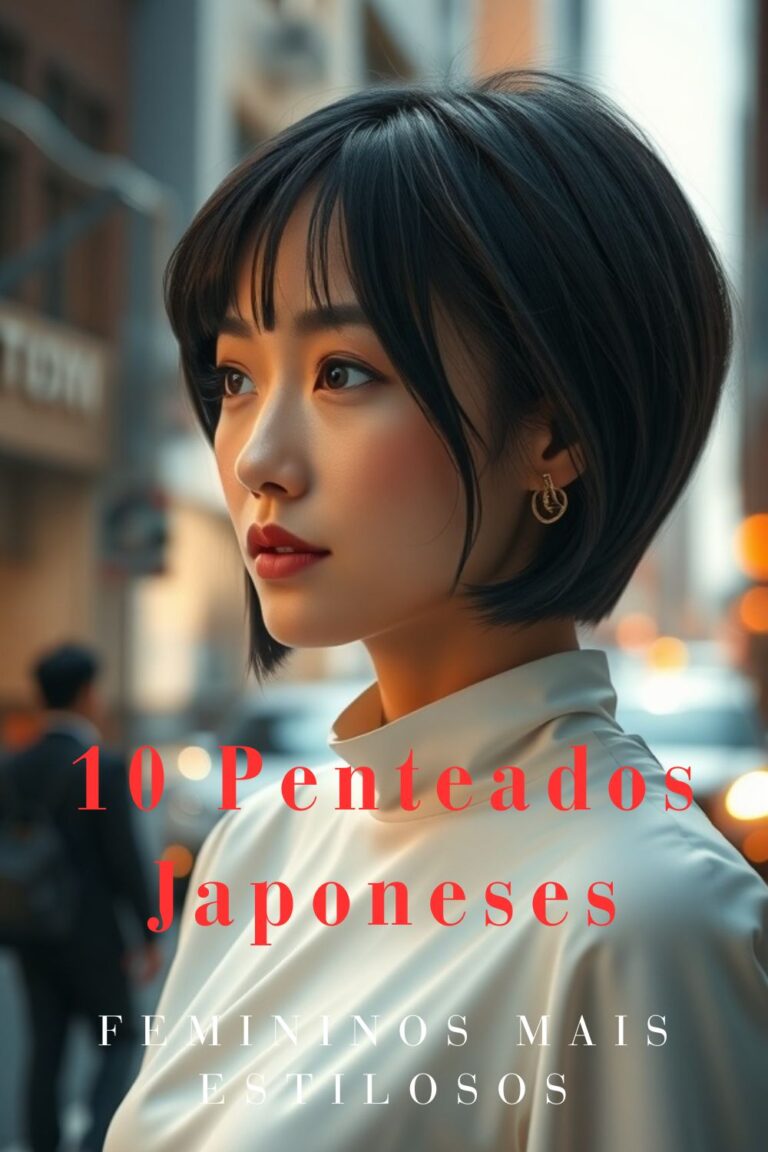 Mulher jovem com corte bob japonês moderno, cabelo preto liso com franja suave, usando blusa branca de gola alta, em uma rua urbana ao entardecer no Japão.