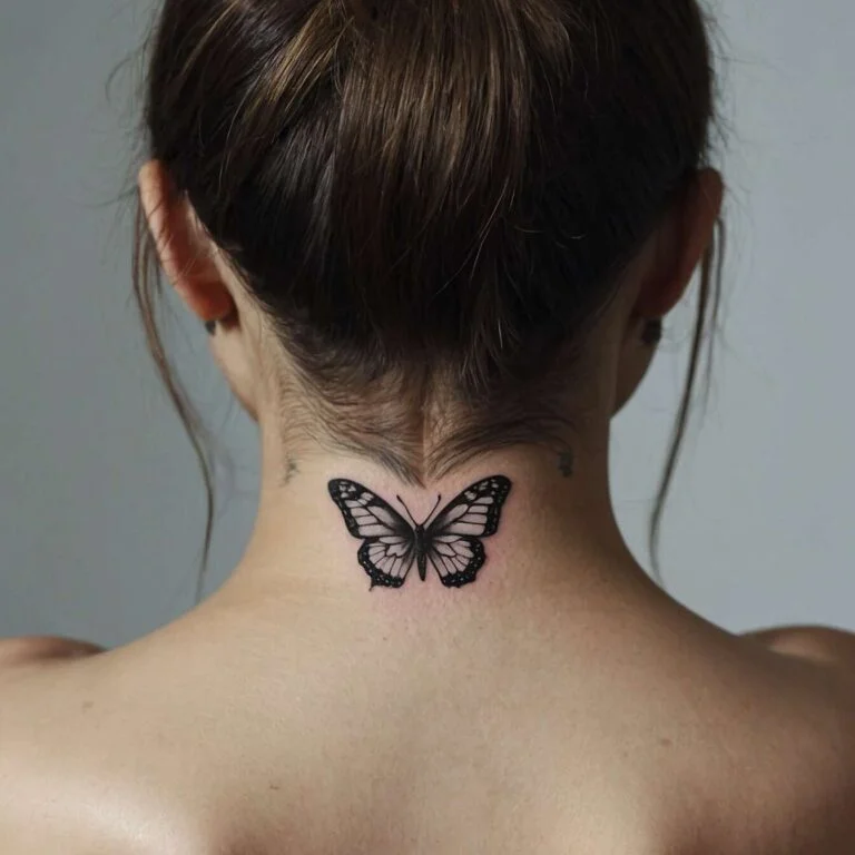 A tatuagem de borboleta na nuca simboliza transformação e crescimento pessoal. Representa a jornada de mudança e a capacidade de se reinventar ao longo da vida.
