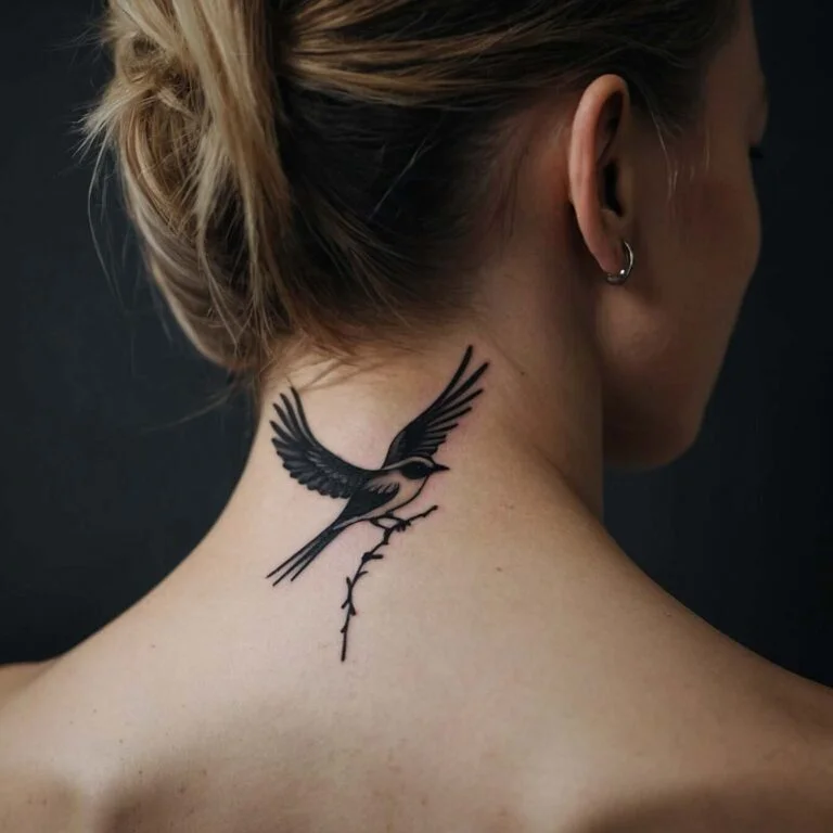 Uma tatuagem de um pequeno pássaro na nuca simboliza liberdade e a capacidade de voar rumo a novos horizontes. Representa esperança, recomeços e a alegria de explorar caminhos desconhecidos.