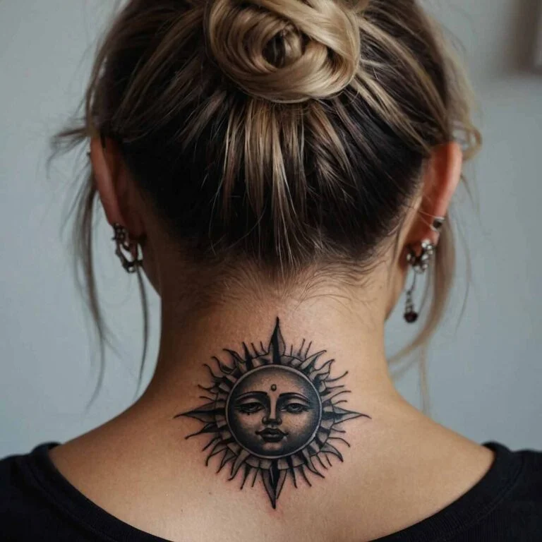 Uma pequena tatuagem de sol na nuca representa força vital e energia positiva. O sol simboliza luz, calor, renovação e a capacidade de iluminar tudo ao redor.