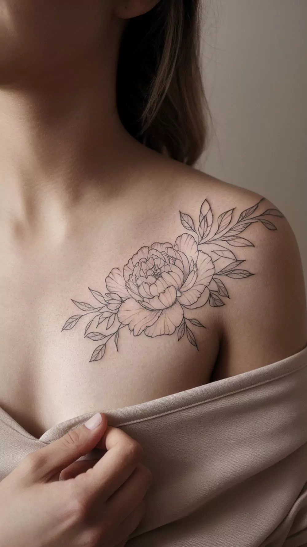 Tatuagem de flor peônia em traços finos preto e cinza na clavícula de uma mulher, com folhas delicadamente desenhadas ao redor, em estilo minimalista e botânico.
