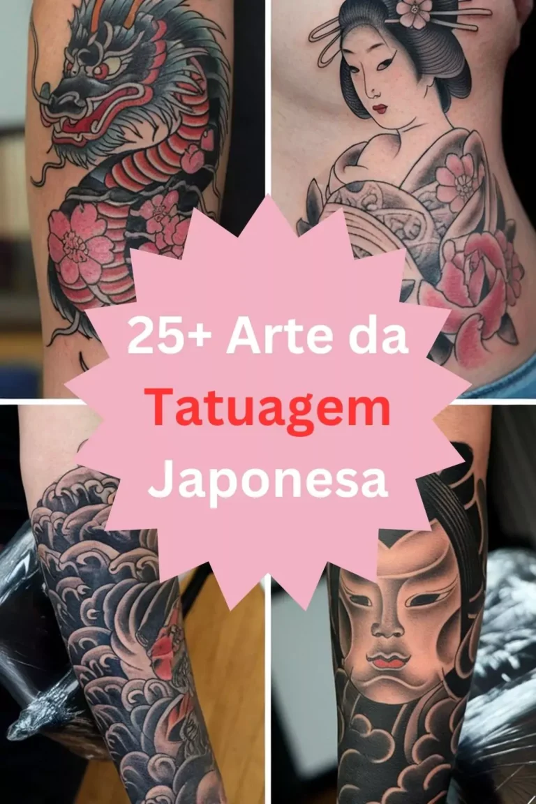 Colagem com quatro tatuagens japonesas detalhadas em braços e costelas. No canto superior esquerdo, um dragão tradicional com flores de cerejeira em vermelho e preto. À direita, uma gueixa clássica tatuada na lateral do corpo com flores. No canto inferior esquerdo, ondas japonesas tradicionais em preto e cinza. No inferior direito, uma máscara de teatro Noh estilizada com fundo sombreado. Ao centro, texto sobre fundo rosa: “25+ Arte da Tatuagem Japonesa”.