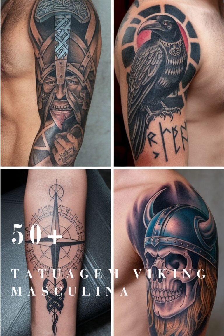 Colagem com quatro tatuagens vikings realistas em braços masculinos. No canto superior esquerdo, guerreiro viking com machado estilizado e expressão feroz no ombro. No superior direito, corvo preto com runas nórdicas e fundo circular vermelho. No inferior esquerdo, bússola Vegvisir no antebraço, com símbolos rúnicos e traços geométricos. No inferior direito, caveira com elmo viking azul e barba ruiva, tatuada no ombro.