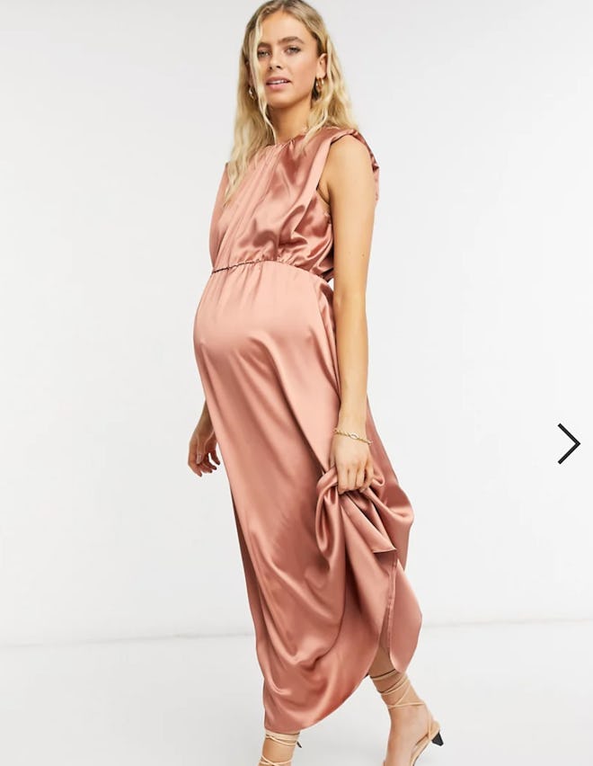 ASOS DESIGN Maternity Satin Midi Skater Dress In Blush