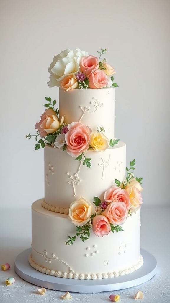 A three-tiered cake decorated with pastel roses and delicate floral accents.