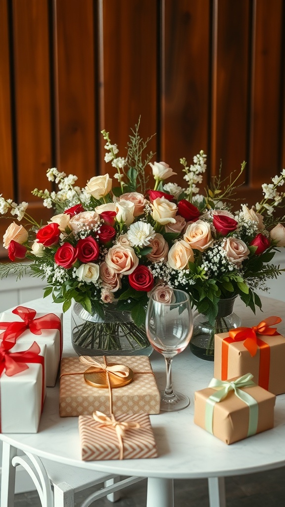 A beautifully arranged gift table with flowers and wrapped presents.