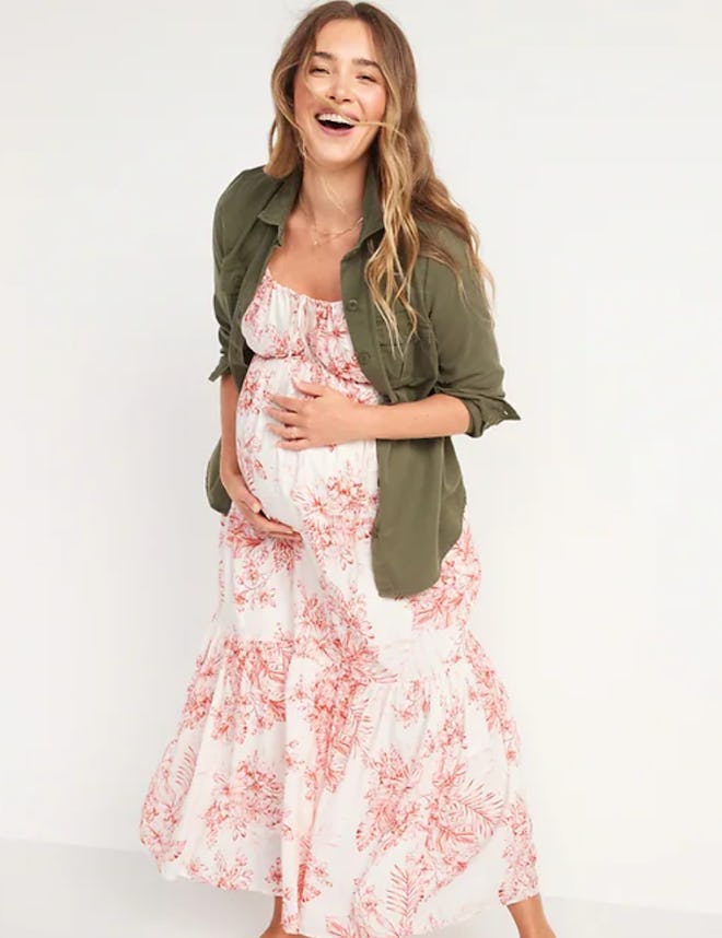 Maternity Floral-Print Tie-Neck Maxi Sundress