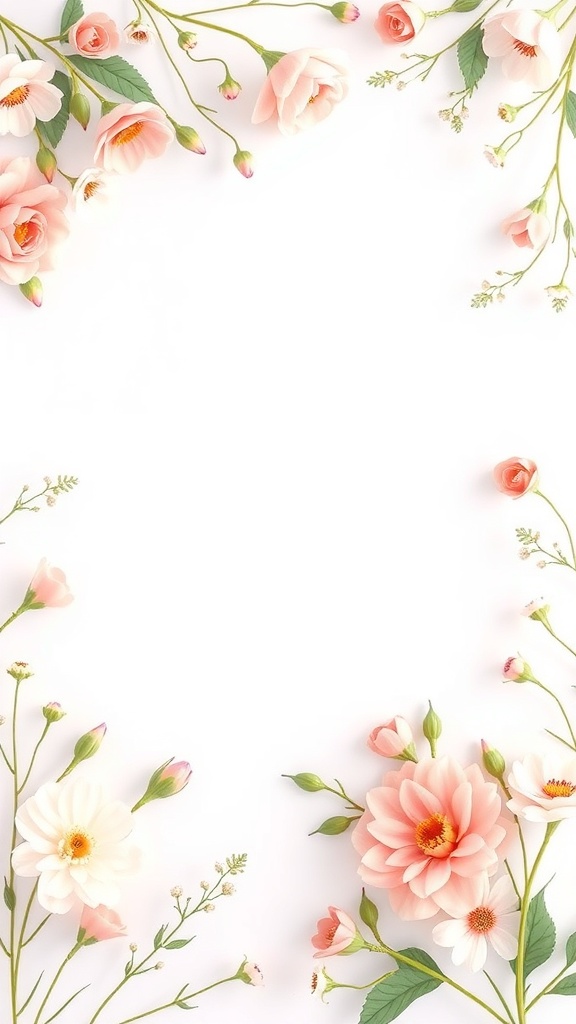 A floral border featuring soft pink and white flowers on a white background.