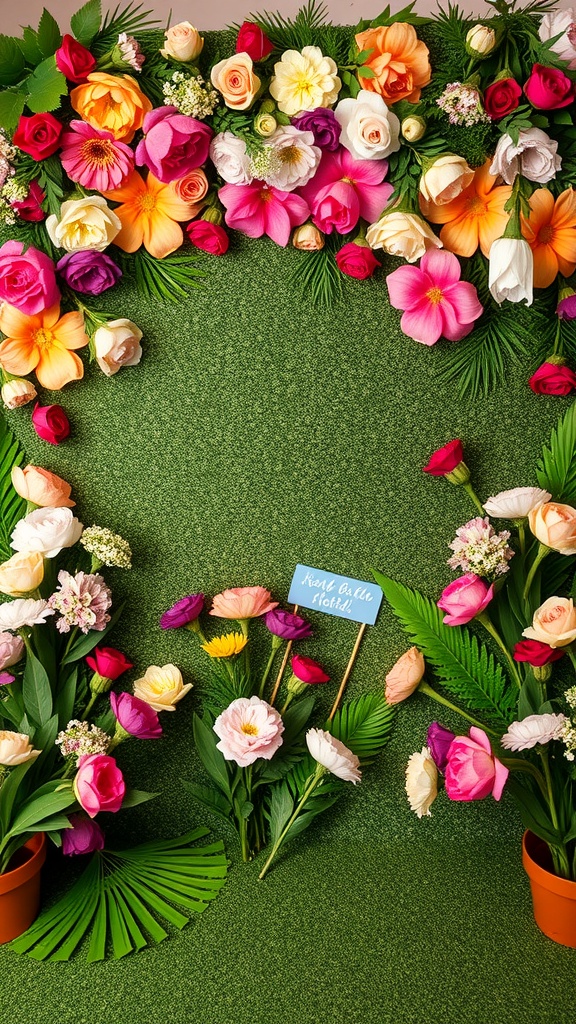 A vibrant floral photo booth setup with various colorful flowers and greenery.