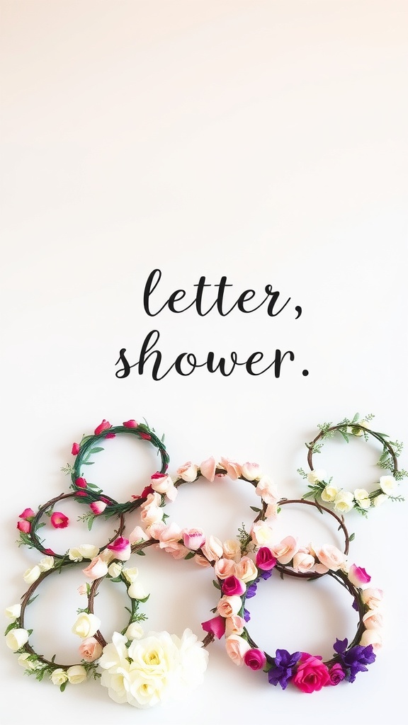 Colorful flower crowns arranged on a light background with the text 'letter, shower.'