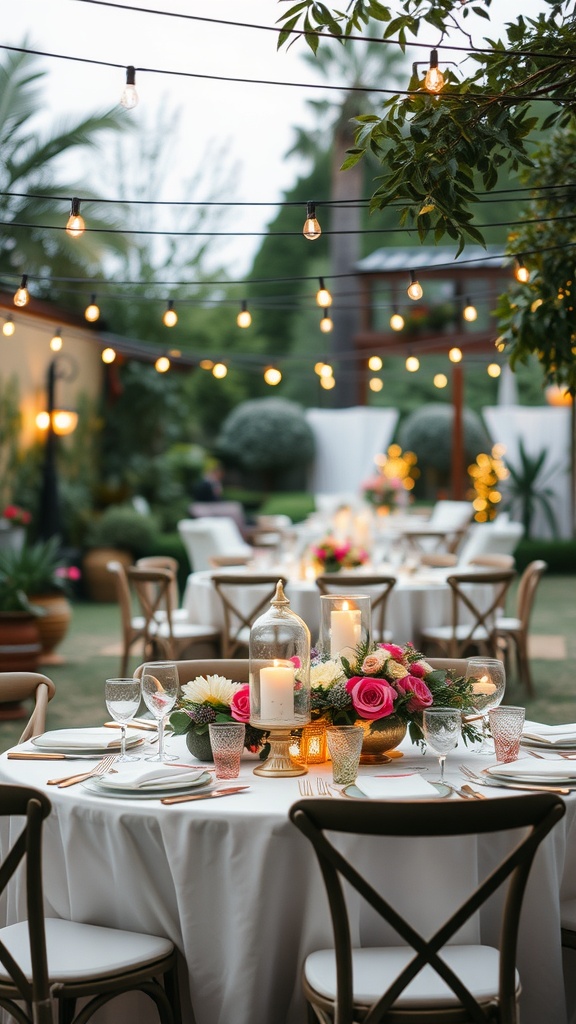 A beautifully decorated outdoor garden party setup with tables, flowers, and string lights.