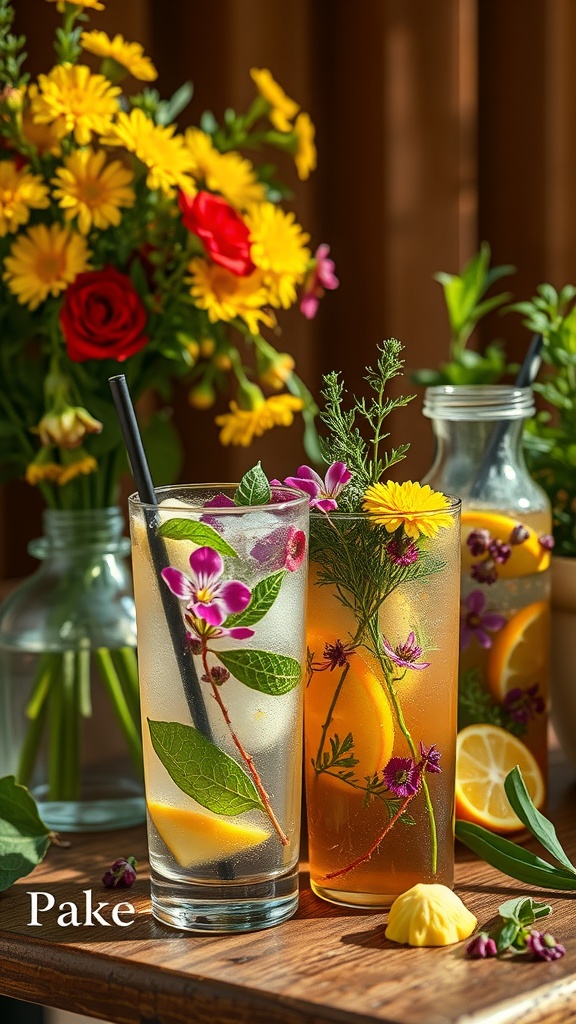 Two glasses of herbal infused drinks with flowers and fruits, surrounded by a bouquet.
