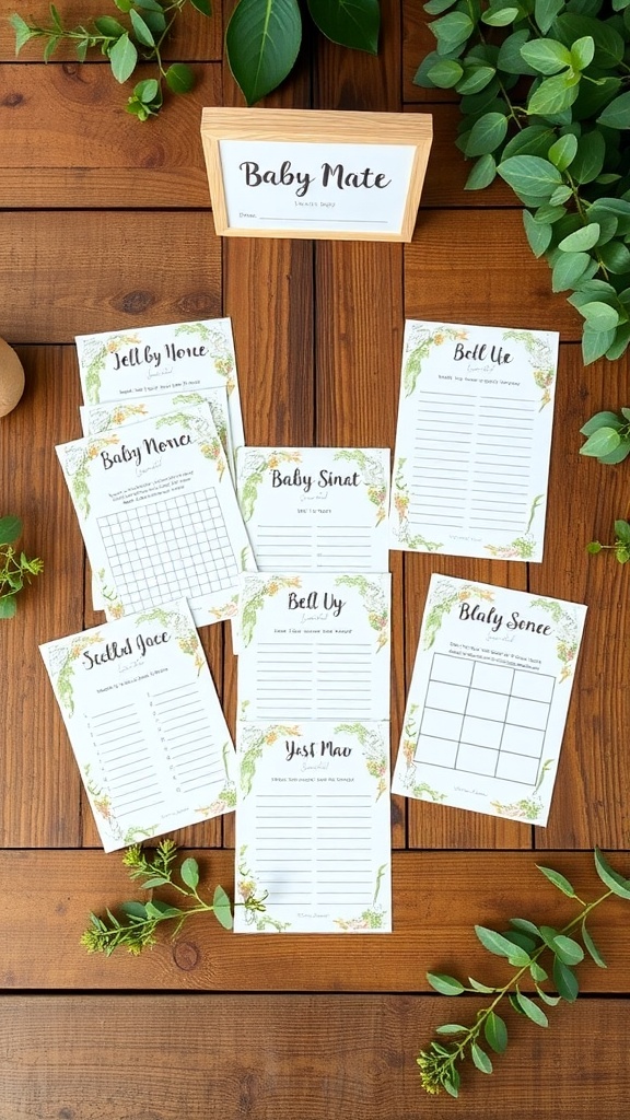 A collection of nature-themed baby shower game cards on a wooden table surrounded by greenery.