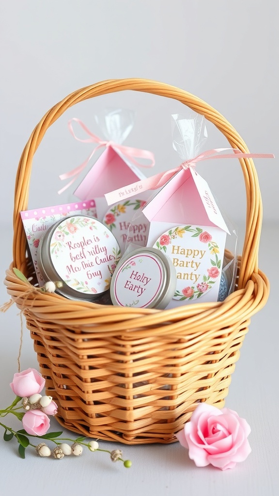 A wicker basket filled with flower-themed party favors, including candles and decorative boxes.