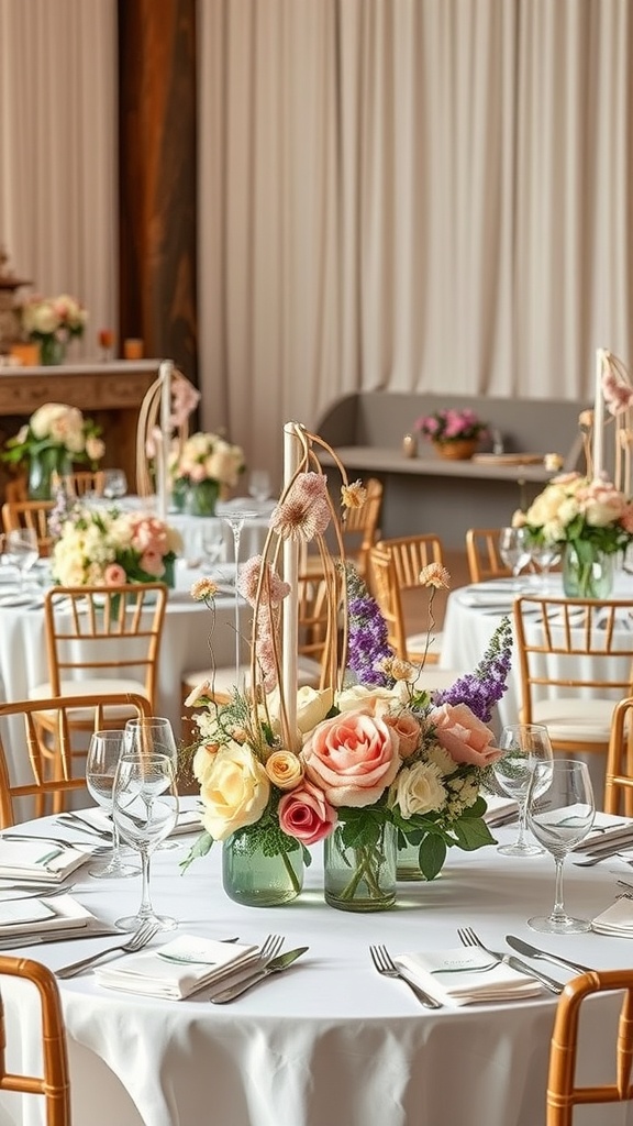 A beautifully arranged floral centerpiece featuring pastel roses and other flowers in elegant vases on a table set for a baby shower.