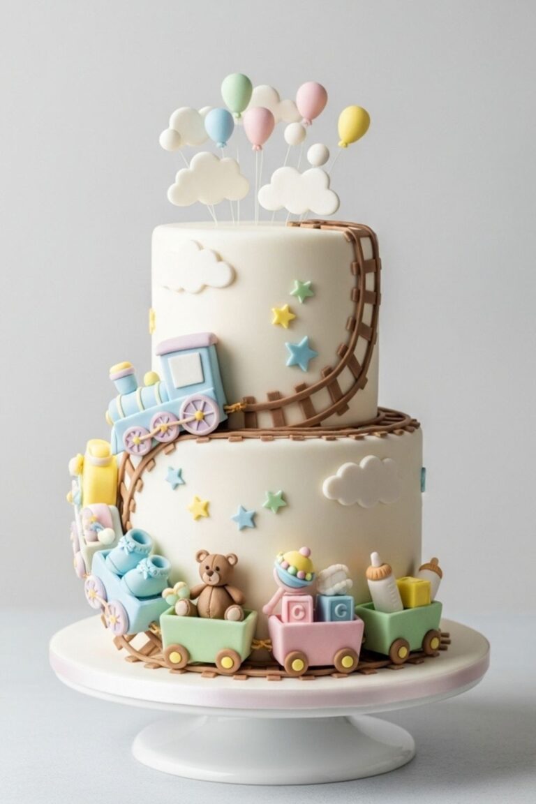 A two-tier baby shower cake decorated with pastel colors, a fondant train running on tracks, toy-themed elements like a teddy bear, baby bottles, blocks, and clouds, topped with floating balloon decorations and stars.