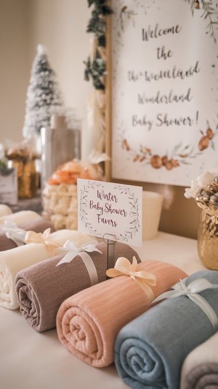 A display of cozy blanket favors for a winter baby shower, featuring various colors and a sign that reads 'Winter Baby Shower Favors'.