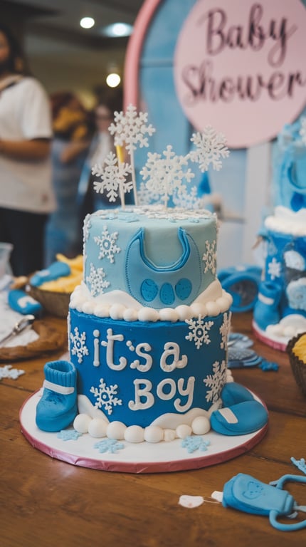 A blue and white winter-themed cake with snowflakes and baby booties for a baby shower.