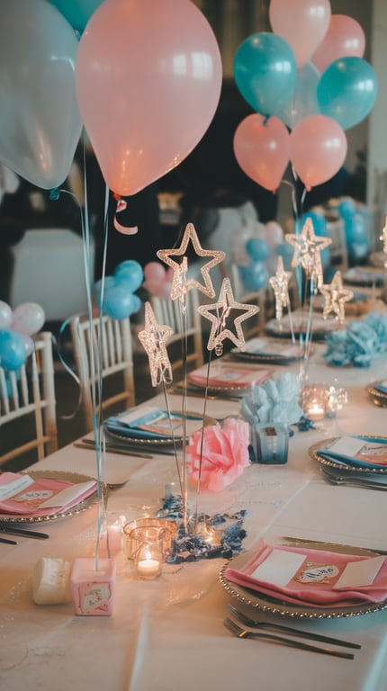 A beautifully arranged table with twinkling star centerpieces, pink and blue balloons, and elegant table settings.