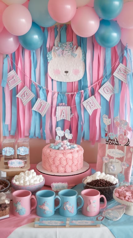 A colorful hot cocoa bar station with mugs, marshmallows, and a pink cake.