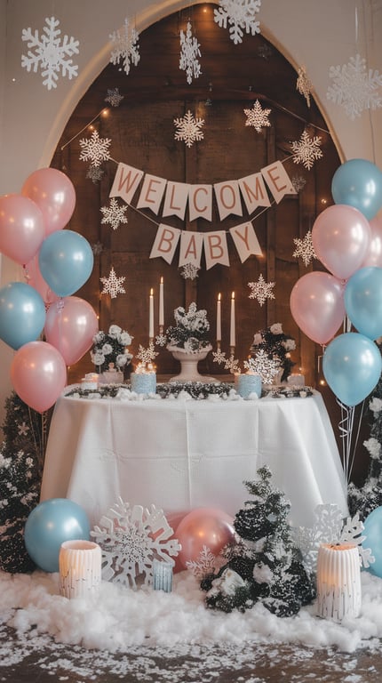 A winter wonderland baby shower setup with snowflakes, balloons, and a welcoming banner.