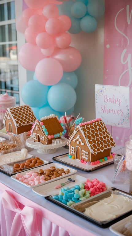 A festive display of gingerbread houses and colorful candies for a baby shower activity.