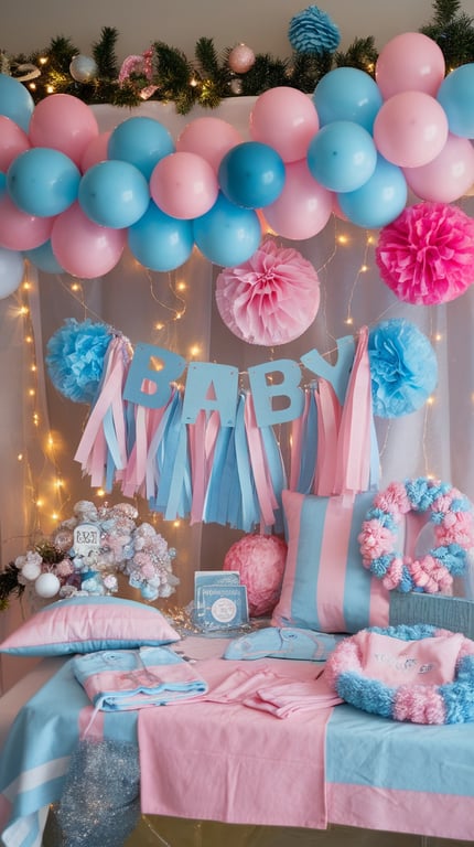 Colorful baby shower decorations with pink and blue balloons, pom-poms, and twinkling lights.