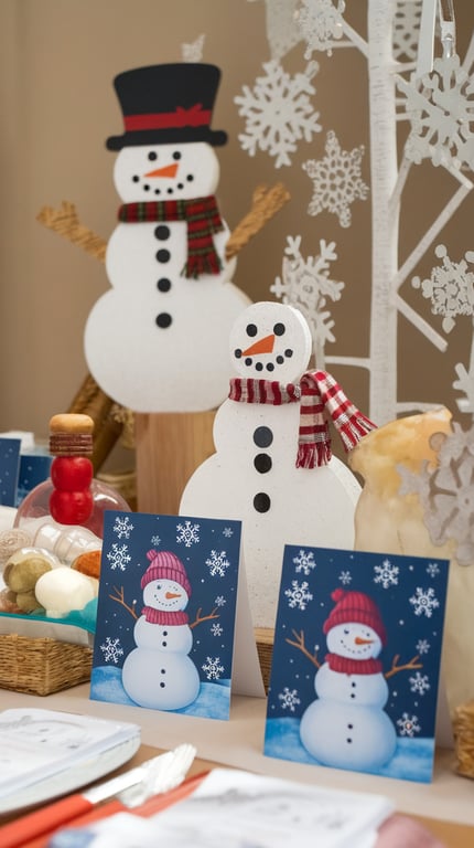 Decorative snowman figures and cards at a baby shower