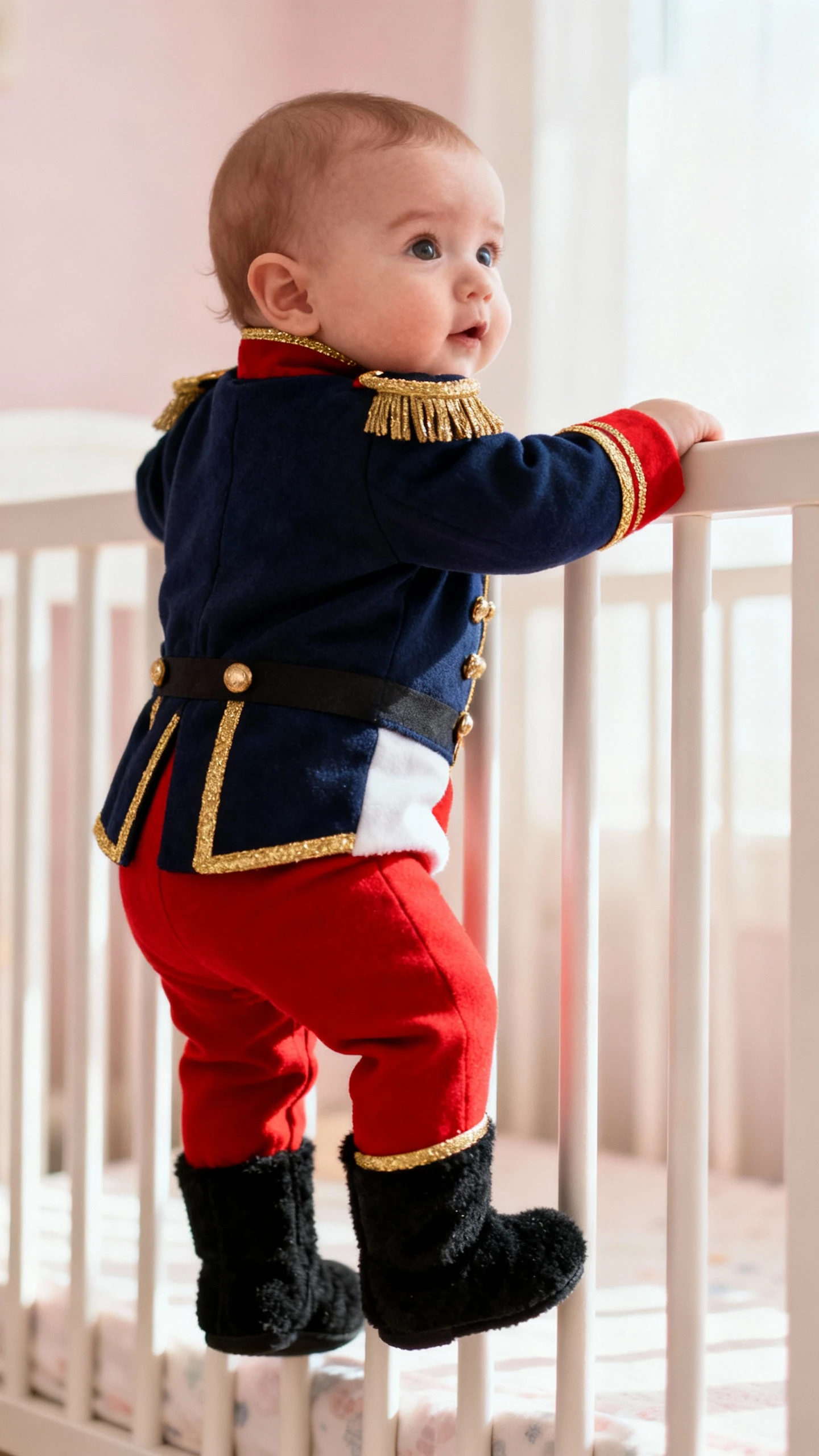 Back view candid of a baby in a tiny nutcracker-inspired set with navy jacket-style top, gold trim, red pants, and soft black booties, face not visible, holding onto crib rails, soft afternoon light, natural iPhone photo.