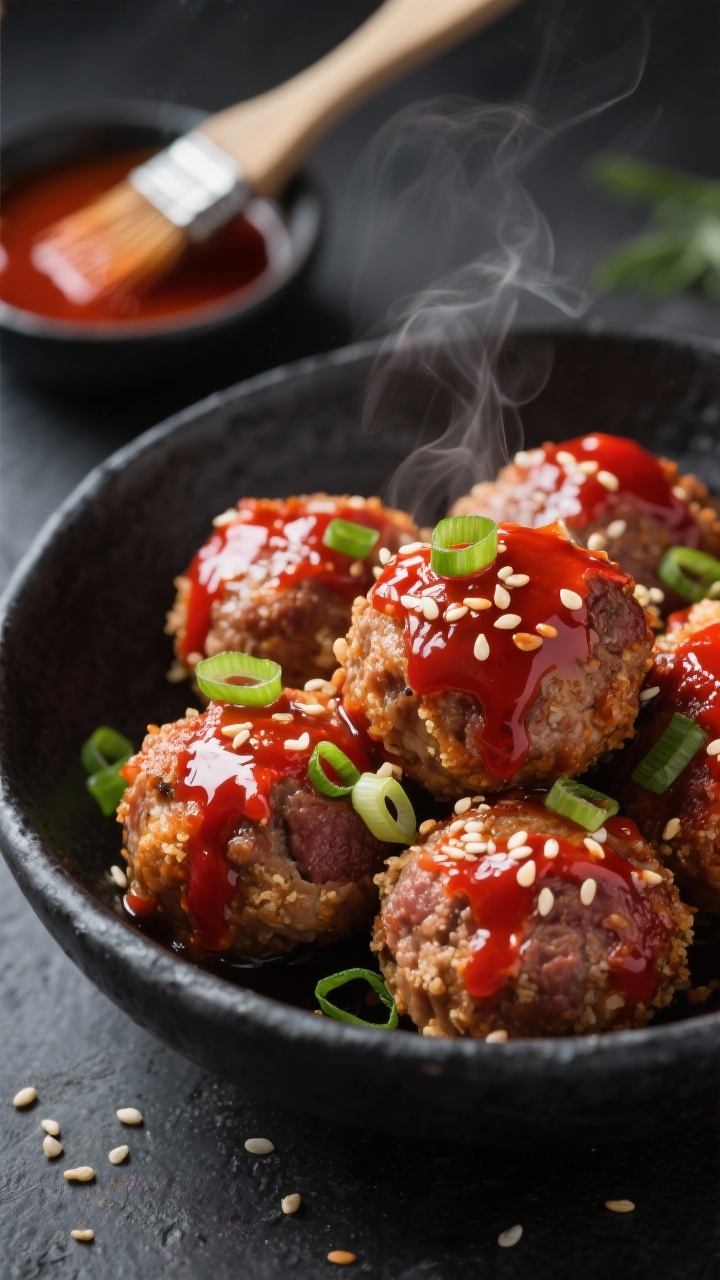 Close-up, straight-on dramatic shot of Spicy-Sweet Korean Gochujang Meatballs, glossy with gochujang glaze, garnished generously with sliced scallions and toasted sesame seeds. Meatballs made from pork and beef with panko, egg, garlic, ginger, and salt. Presented in a shallow charcoal bowl with a small dish of gochujang and a brush showing lacquered glaze; deep red hues, high contrast, subtle steam for heat.