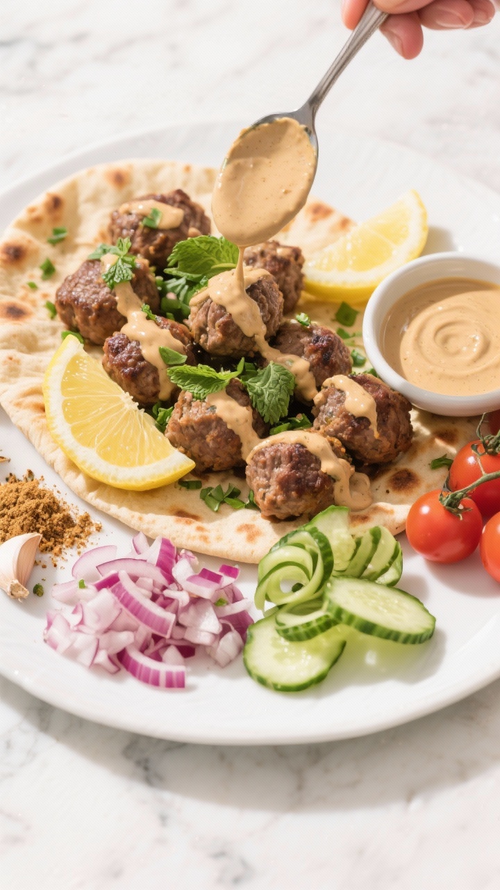 Overhead Mediterranean platter of Lamb Meatballs with Lemon-Tahini Drizzle, arranged on warm pita with a chopped parsley and mint sprinkle. Visible elements: finely chopped red onion, minced garlic, ground cumin, and a small bowl of lemon-tahini sauce being artfully spooned over. Add wedges of lemon, curls of cucumber, and a few cherry tomatoes for color. Bright, sunlit styling on a white marble surface for fresh, vibrant mood.