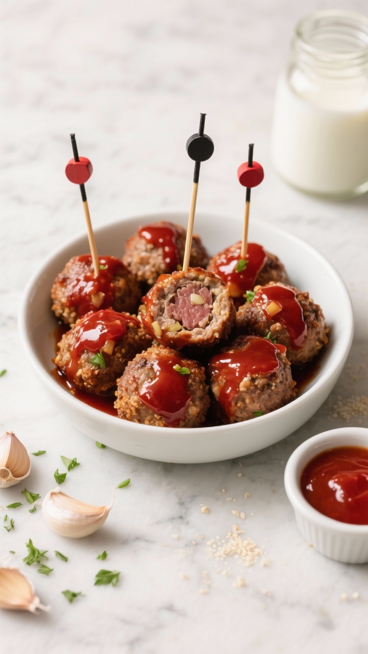 Overhead shot of classic sweet-and-tangy beef-and-pork cocktail meatballs glistening in a sticky red sauce, toothpicks inserted, arranged in a white shallow bowl with a small dish of extra sauce beside it; visible texture of 80/20 beef and minced onion inside a sliced meatball, breadcrumbs and egg binder giving a tender crumb; styled on a neutral marble surface with scattered chopped parsley and a few raw garlic cloves, milk and breadcrumb jar subtly in background, high-contrast, appetizing shine, no people.