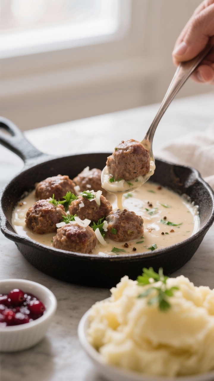 Straight-on shot of Swedish-style mini meatballs nestled in silky creamy gravy; beef-and-pork blend speckled with grated onion, allspice, and nutmeg; served in a cast-iron skillet with a spoon lifting a few meatballs showing velvety sauce cling; garnished with chopped parsley; side props include a small bowl of lingonberry sauce and a pile of buttered mashed potatoes in soft focus; soft window light, comfort-food vibe.