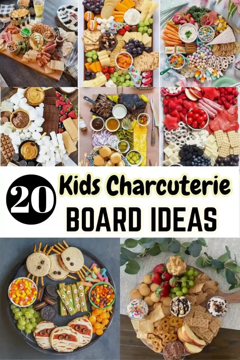 Kids Charcuterie Board Ideas showing colorful snack boards with fruit, cheese, crackers, dips, candies, and kid-friendly treats arranged neatly.