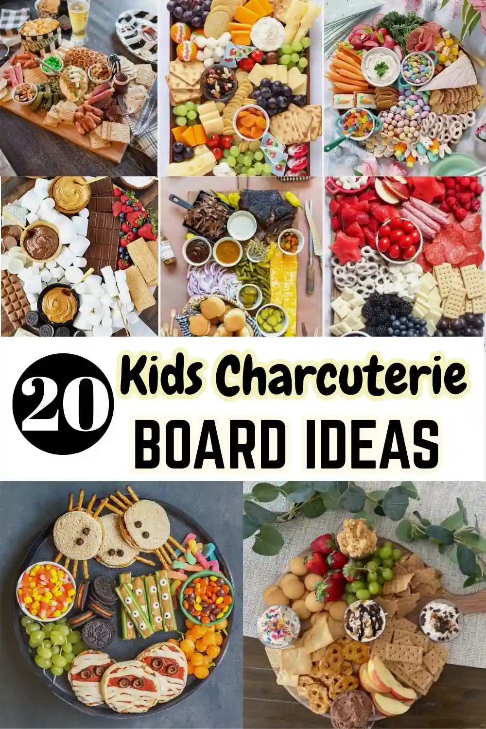 Kids Charcuterie Board Ideas showing colorful snack boards with fruit, cheese, crackers, dips, candies, and kid-friendly treats arranged neatly.